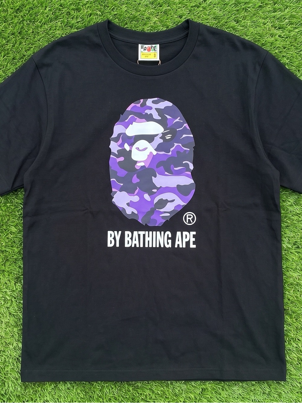 A Bathing Ape Black T-Shirt with Purple Camo Ape Logo